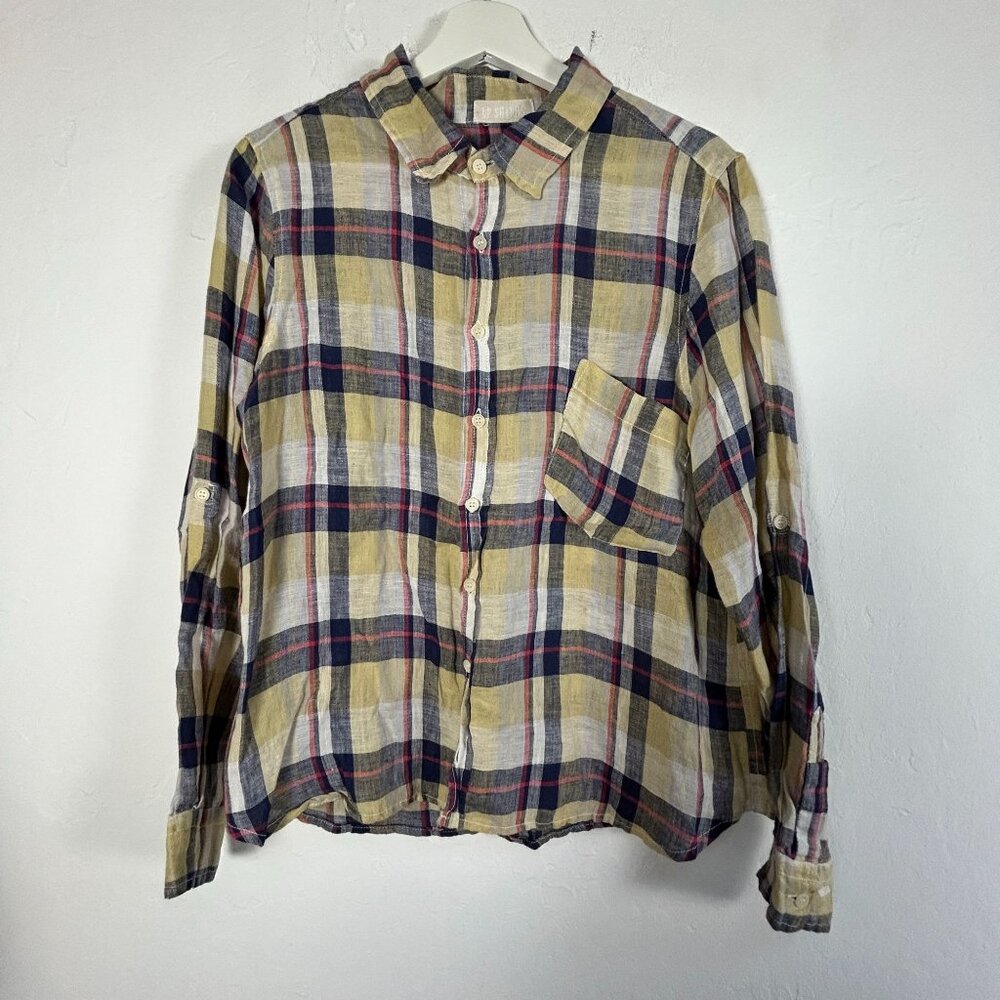 CP Shades Womens Plaid Button-Up Long Sleeve Linen Shirt Top Medium Yellow/Navy